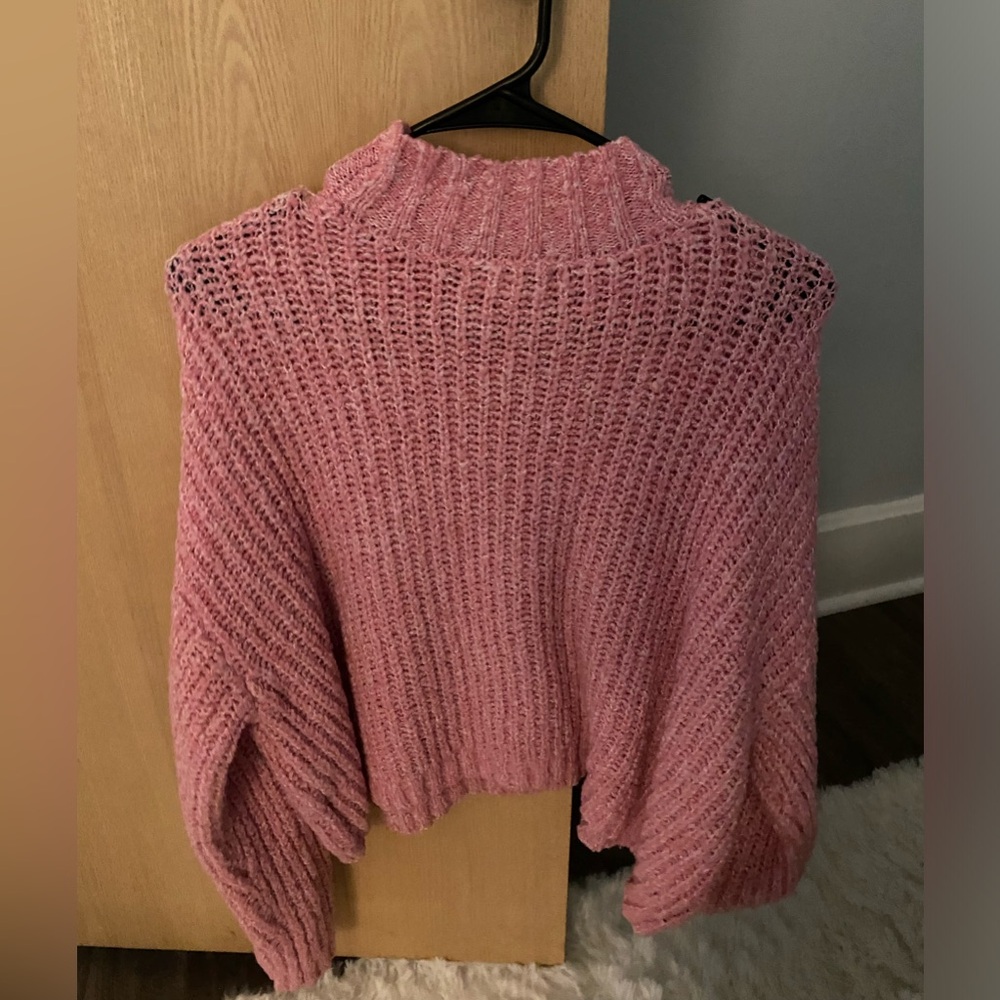 Pink chunky knit sweater. Mock neck cozy sweater